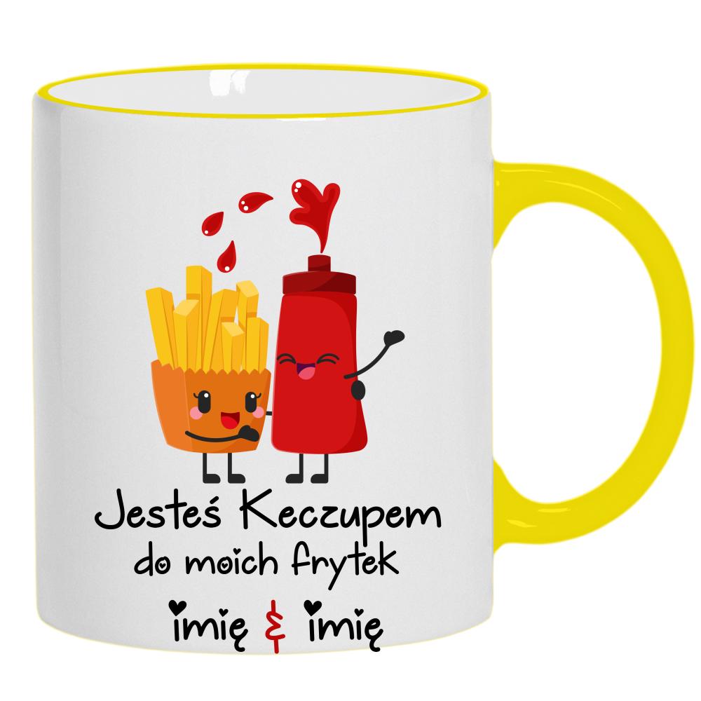 JESTEŚ KECZUPEM DO MOICH FRYTEK kubek żółty uchwyt i rant kolor czerwony latte