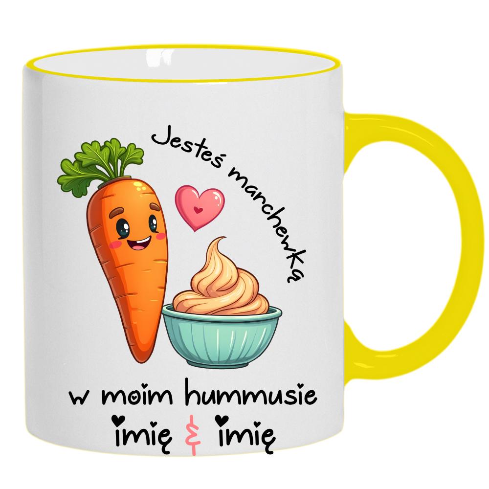 JESTEŚ MARCHEWKĄ W MOIM HUMMUSIE kubek żółty uchwyt i rant kolor limonka