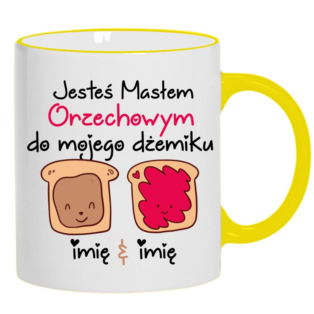 JESTEŚ MASŁEM ORZECHOWYM kubek żółty uchwyt i rant kolor red
