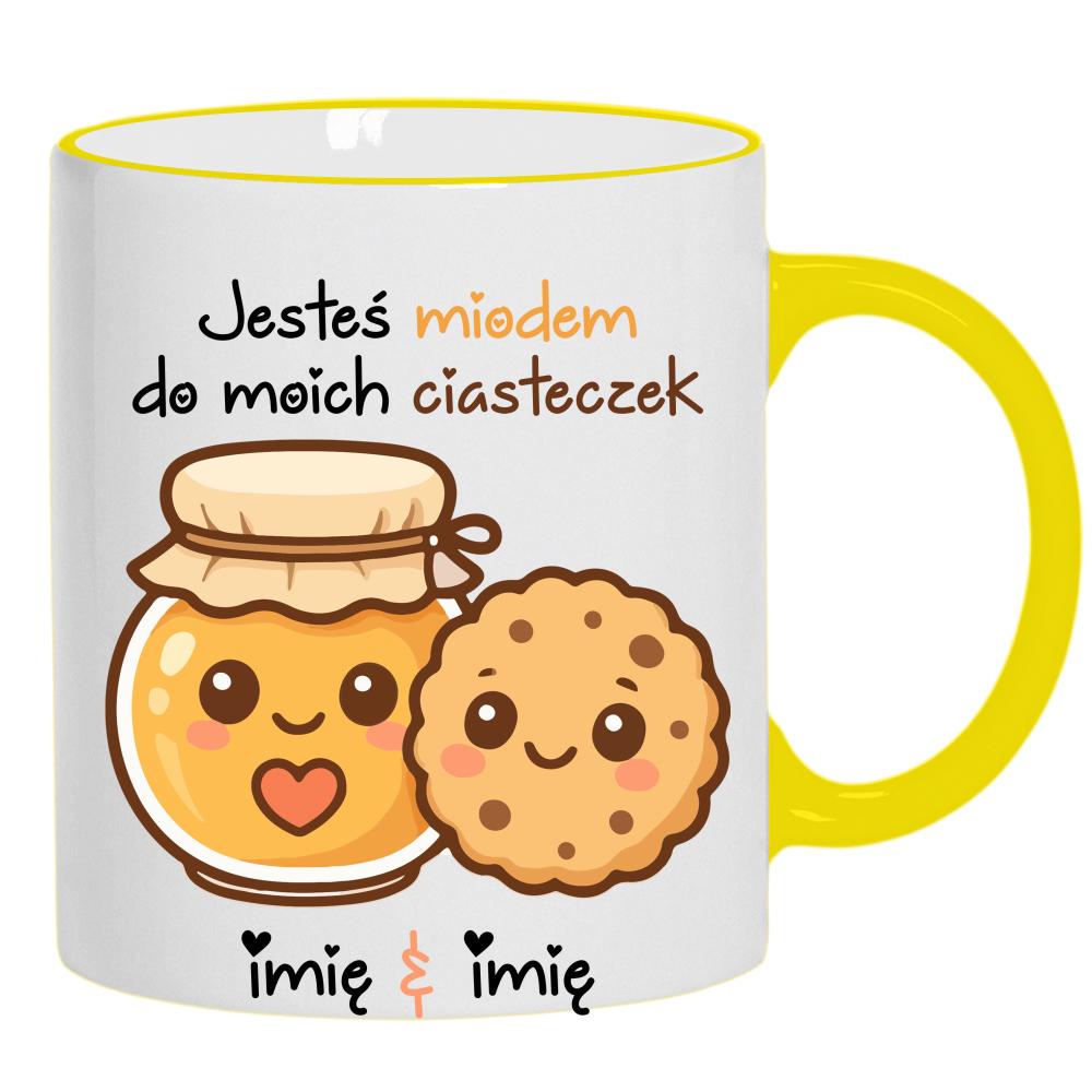 JESTEŚ MIODEM DO MOICH CIASTECZEK kubek żółty uchwyt i rant kolor czarny