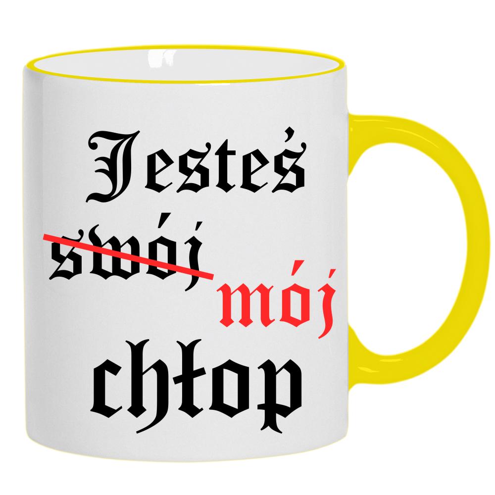 Jesteś (swój) mój chłop kubek żółty uchwyt i rant kolor czerwony latte