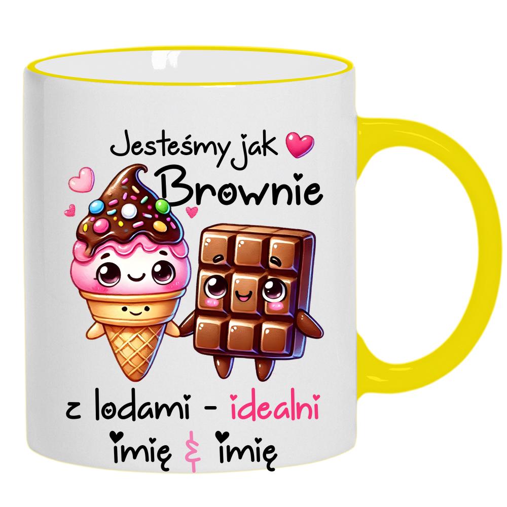 JESTEŚMY JAK BROWNIE Z LODAMI kubek żółty uchwyt i rant kolor pink
