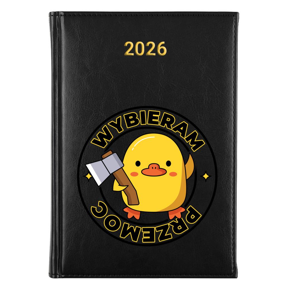 Kaczka z siekierą kalendarz książkowy a5 2026 kolor żółty kalendarz