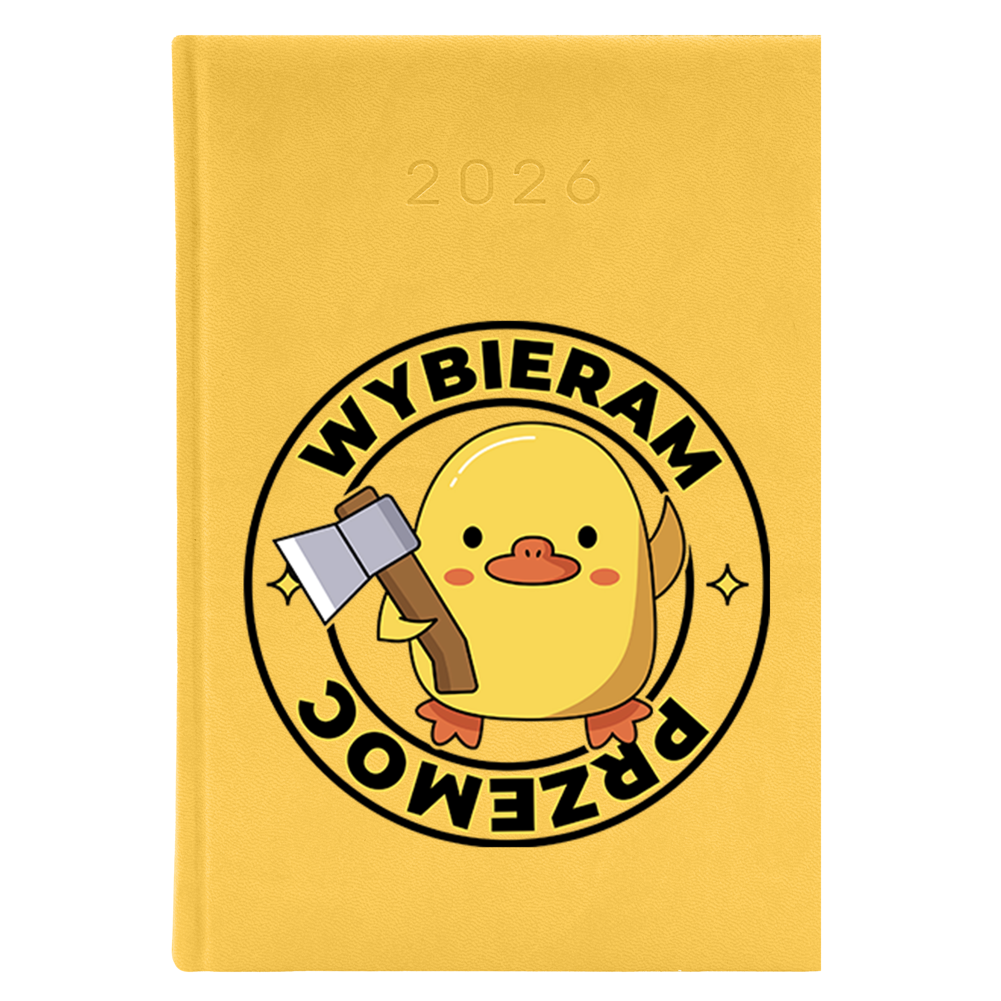 Kaczka z siekierą kalendarz książkowy a5 2026 kolor żółty kalendarz