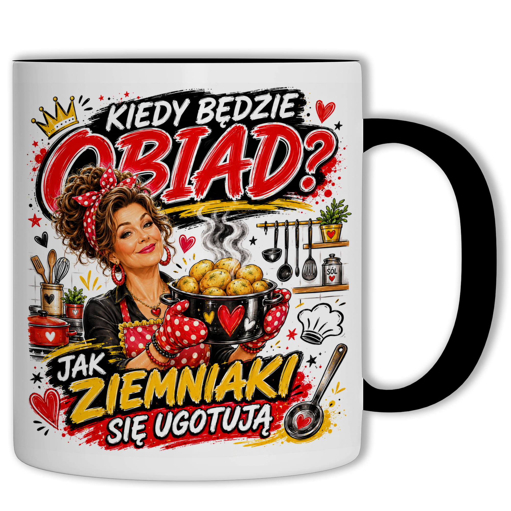 Kiedy będzie obiad? Jak ziemniaki się ugotują kubek ucho kolor kolor czarnyy