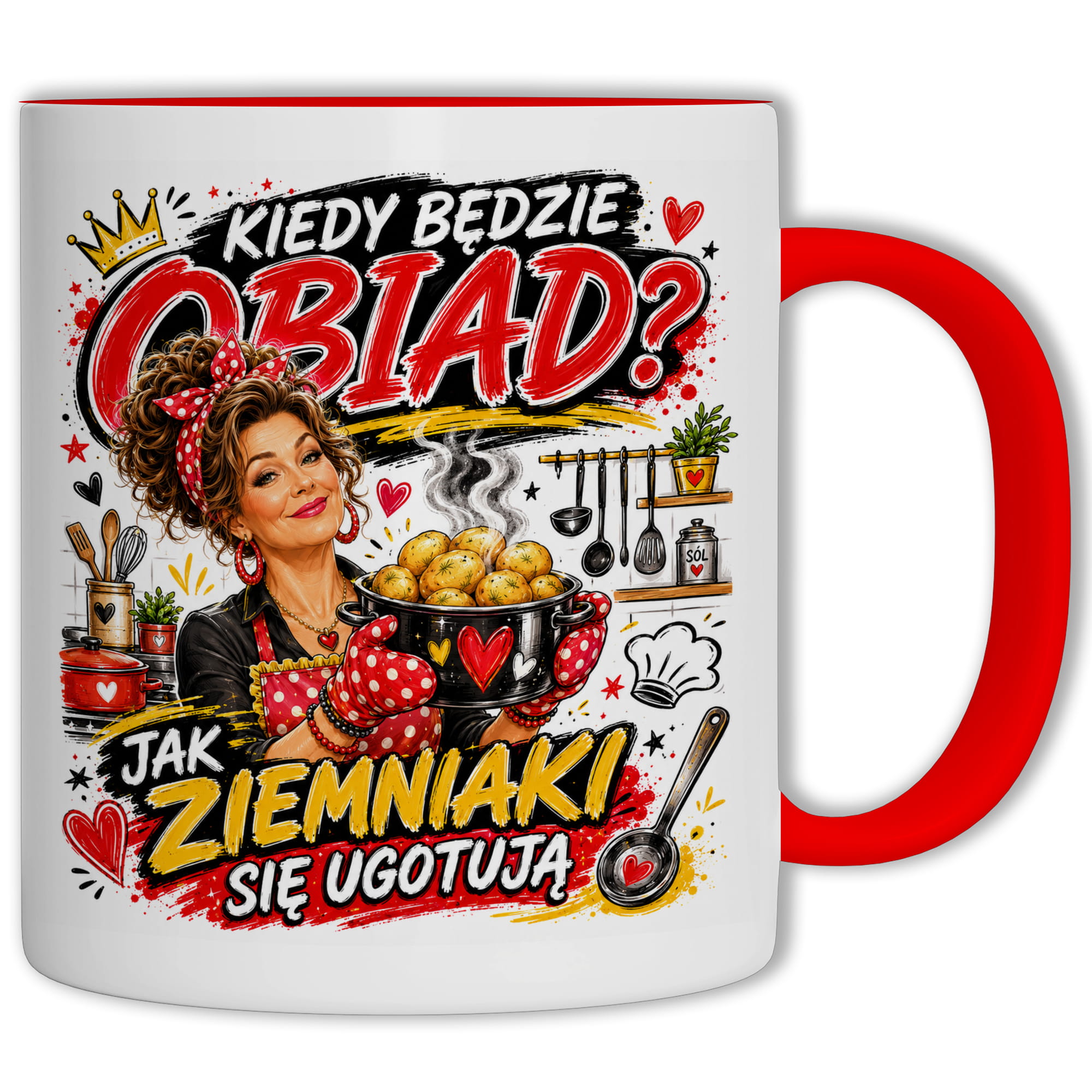Kiedy będzie obiad? Jak ziemniaki się ugotują kubek ucho kolor kolor czerwony