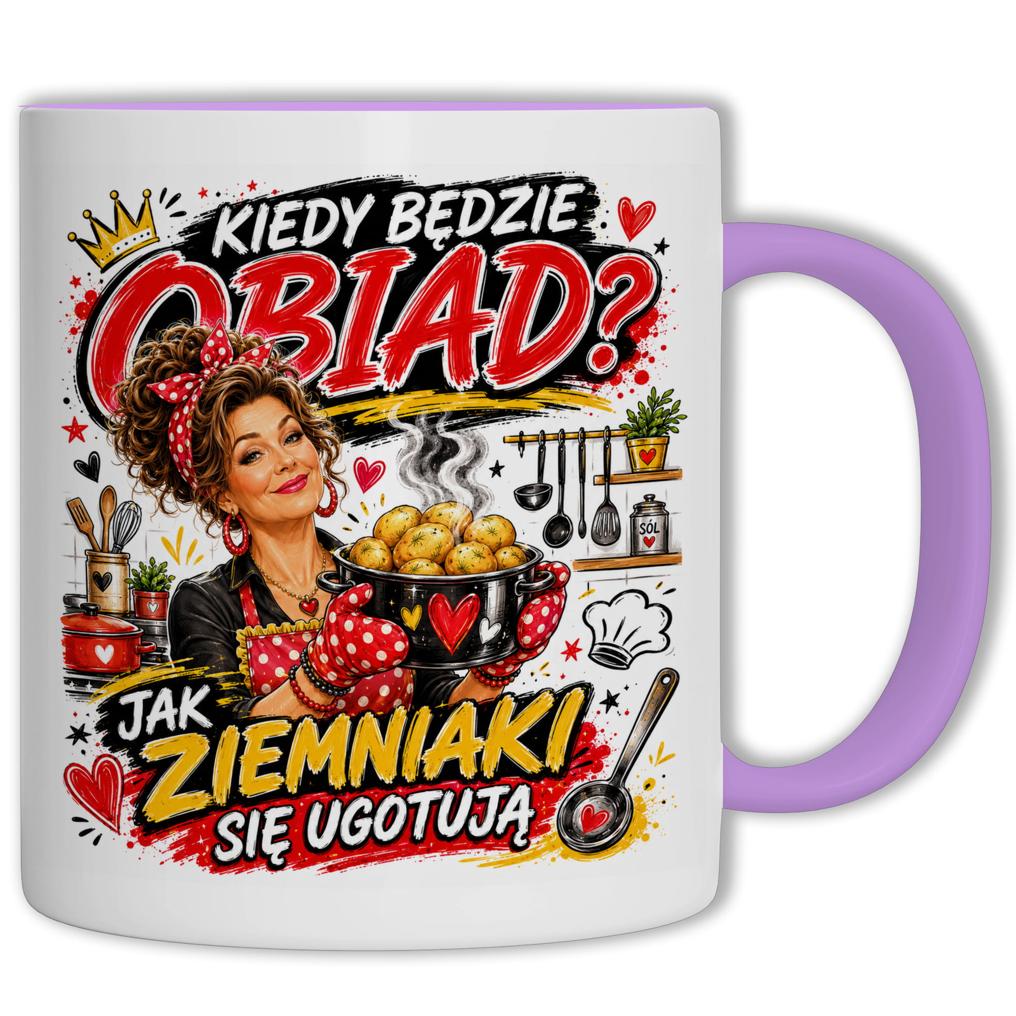Kiedy będzie obiad? Jak ziemniaki się ugotują kubek ucho kolor kolor jasnofioletowy