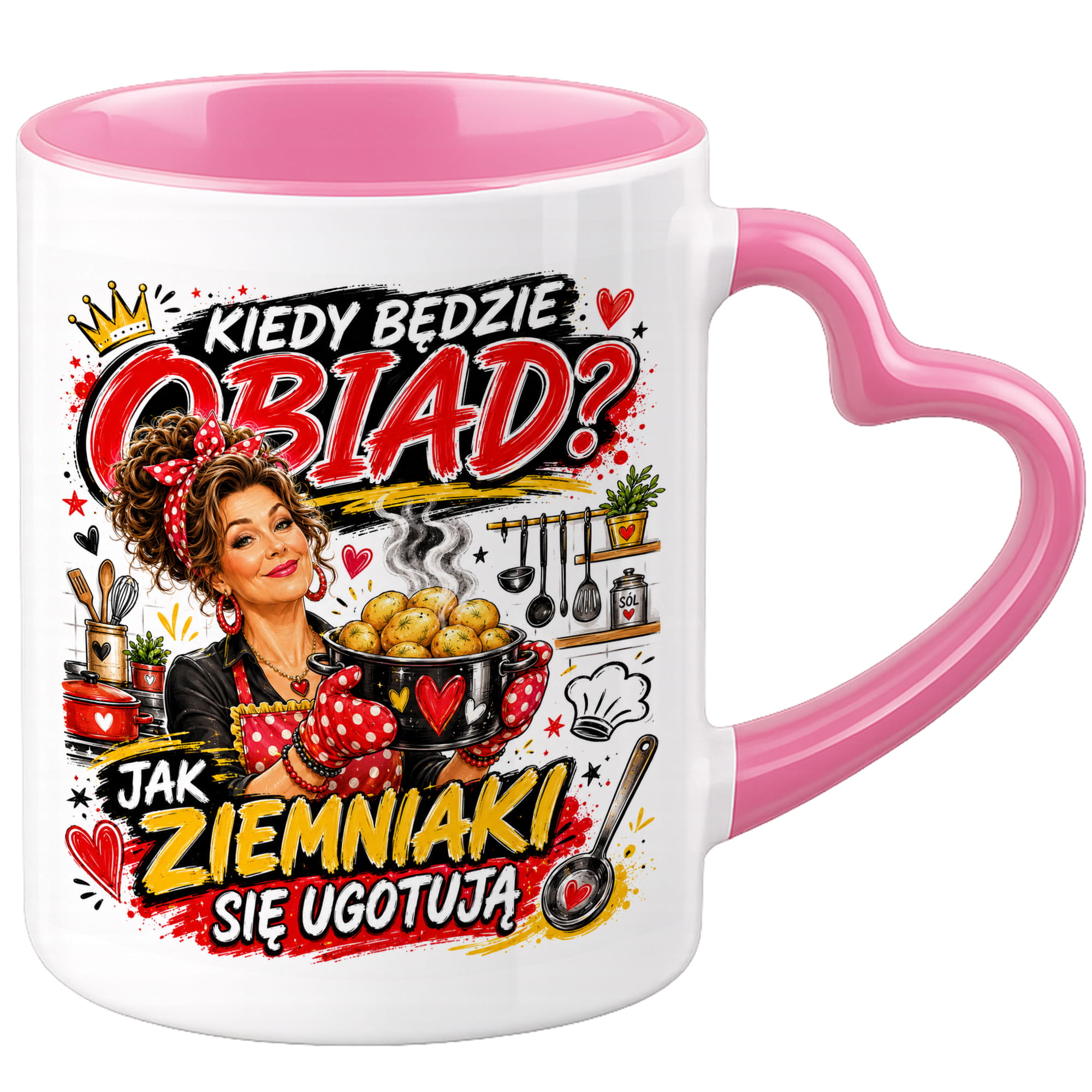 Kiedy będzie obiad? Jak ziemniaki się ugotują kubek uchwyt serce kolor serce różowe