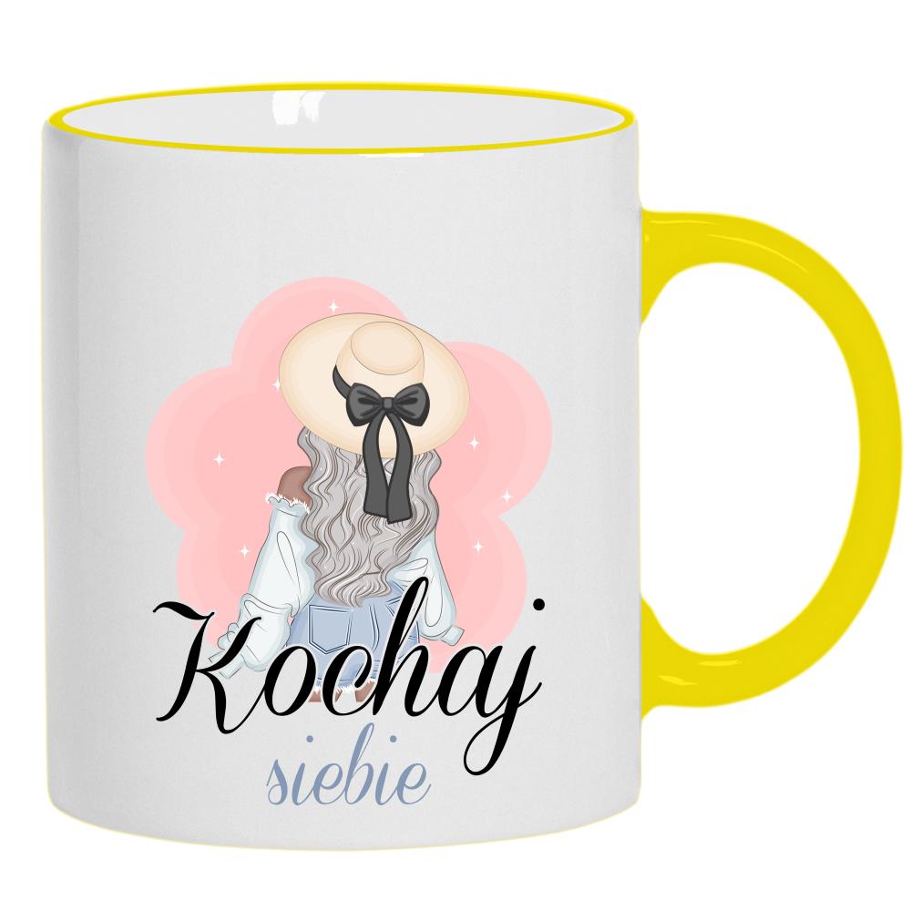 Kochaj siebie kubek żółty uchwyt i rant kolor jasnoniebieski