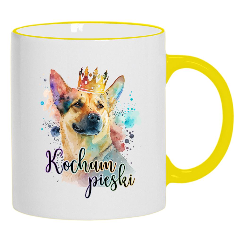 Kocham pieski kubek żółty uchwyt i rant kolor czerwony latte