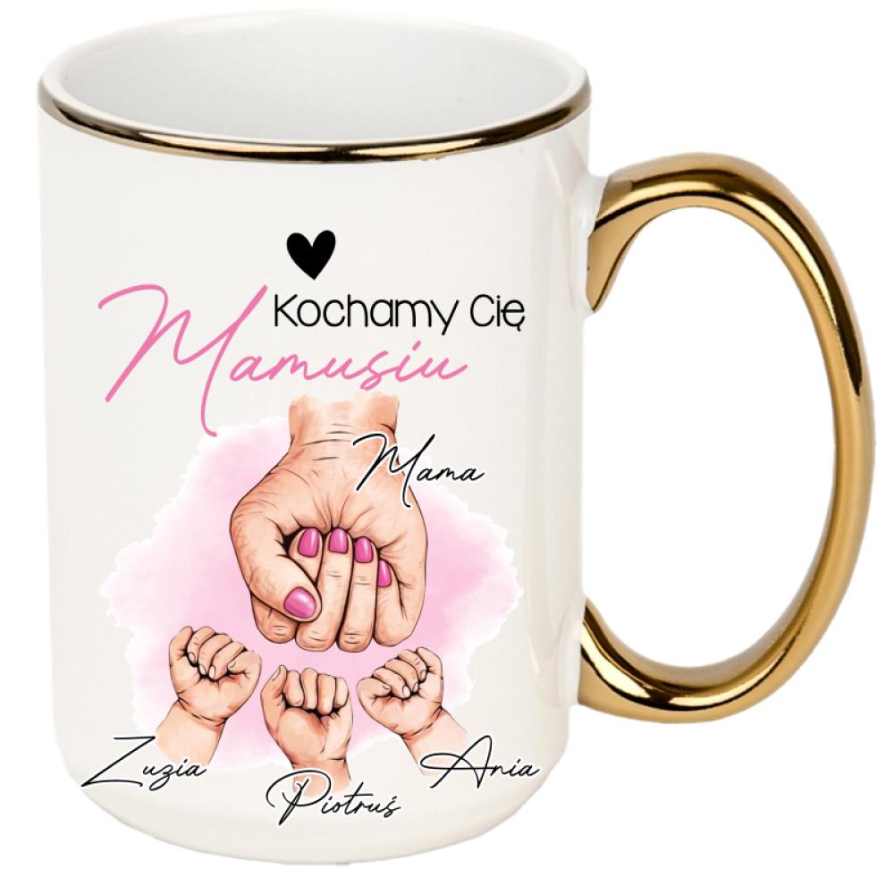 Kochamy Cię mamusiu kubek xxl złoty rant i ucho kolor pink