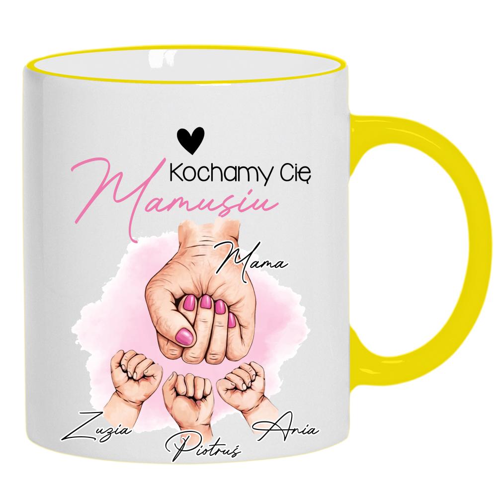 Kochamy Cię mamusiu kubek żółty uchwyt i rant kolor biały