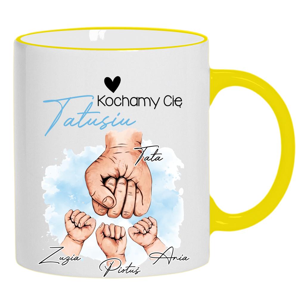 Kochamy Cię, Tatusiu kubek żółty uchwyt i rant kolor navy