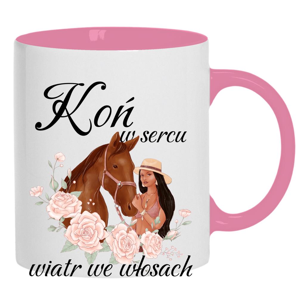 Koń w sercu, wiatr we włosach kubek ucho kolor kolor różowy