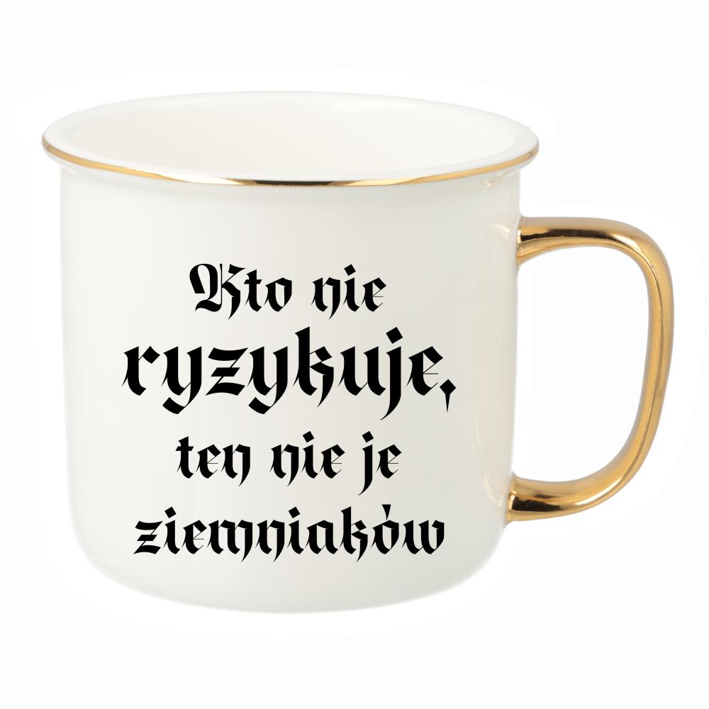 Kto nie ryzykuje, ten nie je ziemniaków kubek porcelanowy retro kolor limonka