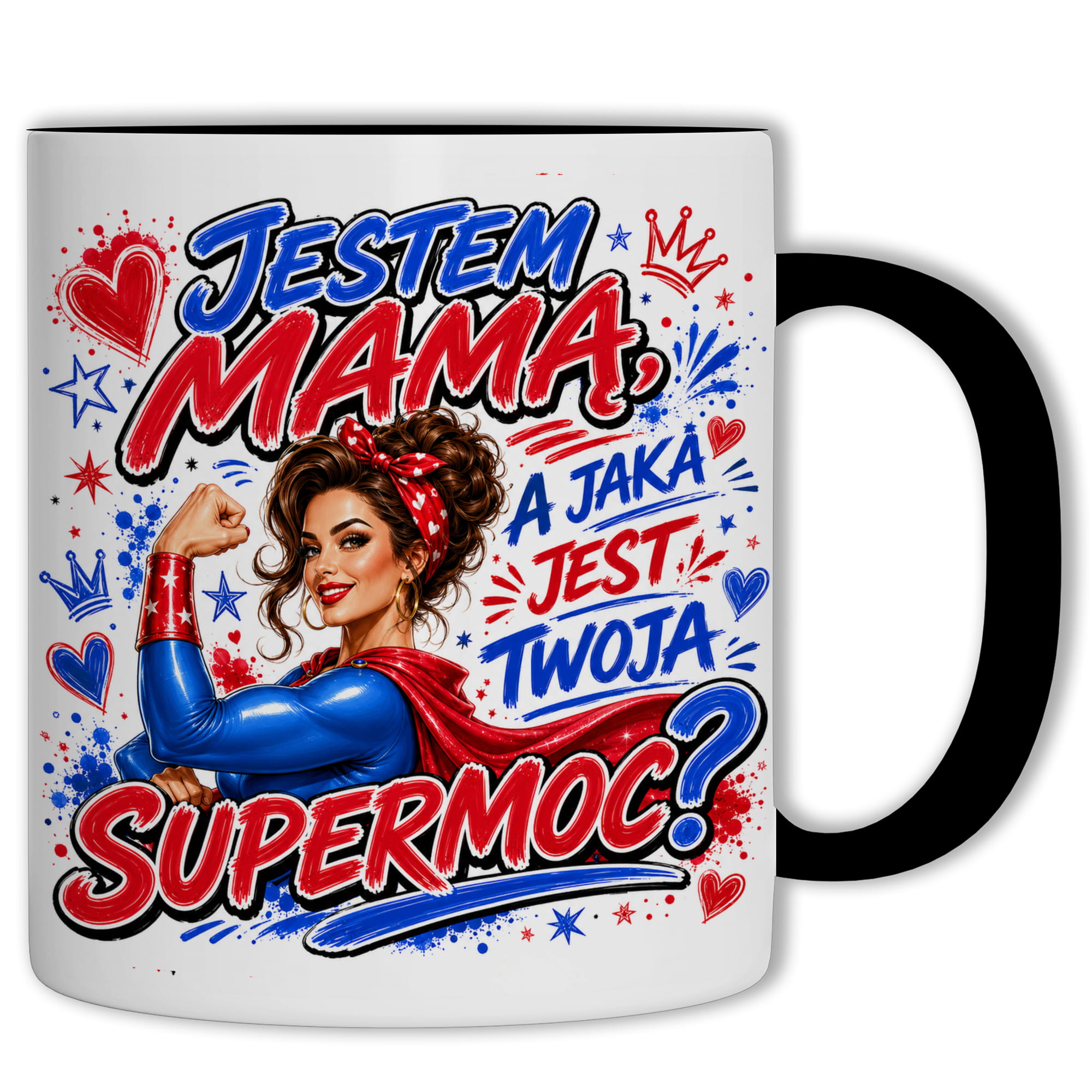Kubek Jestem mamą a jaka jest Twoja supermoc kubek ucho kolor kolor czarnyy