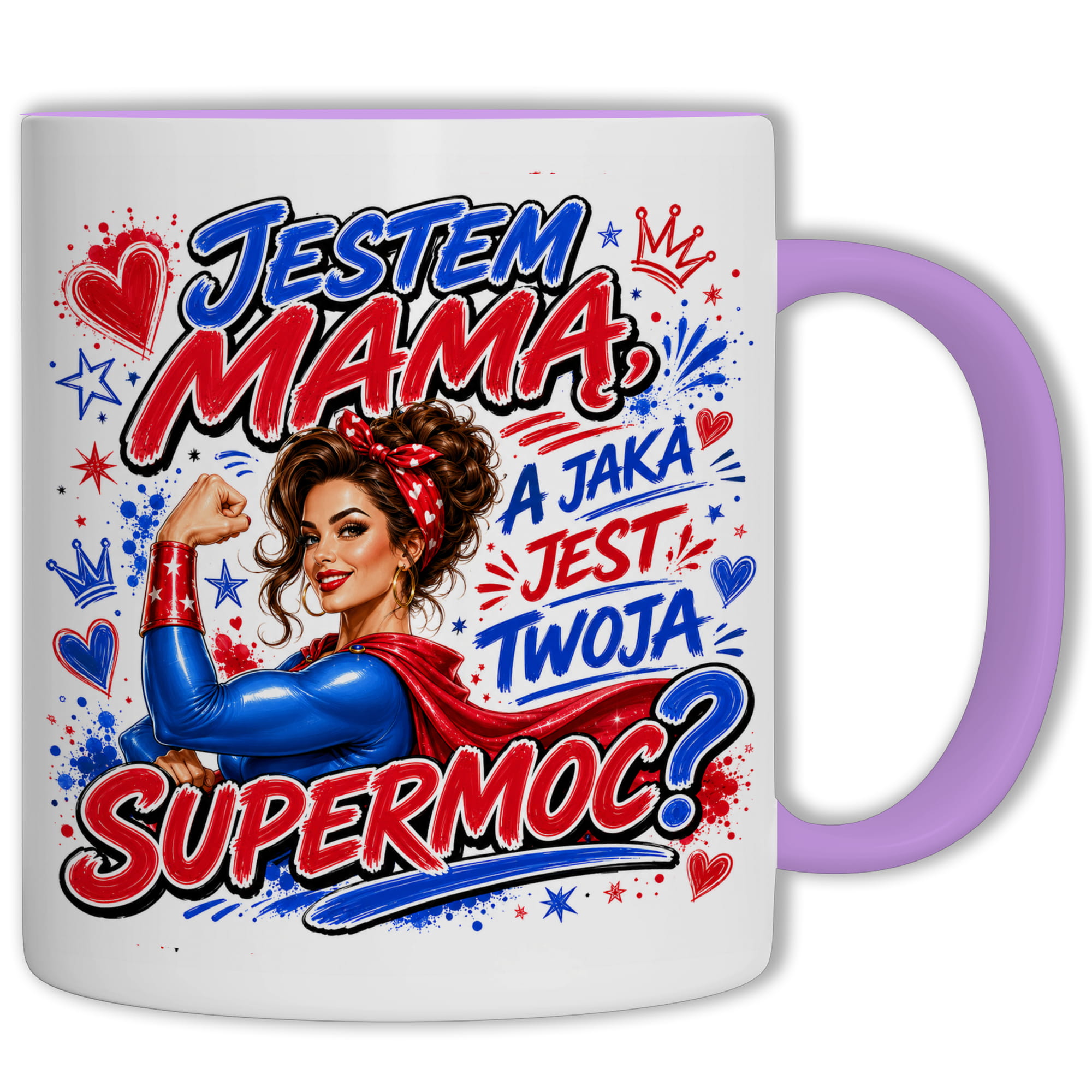 Kubek Jestem mamą a jaka jest Twoja supermoc kubek ucho kolor kolor jasnofioletowy