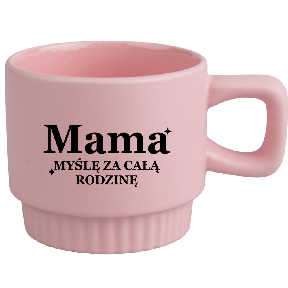 Kubek Mama – myślę za całą rodzinę kubek ryflowany różowy kolor pastelowy fiolet