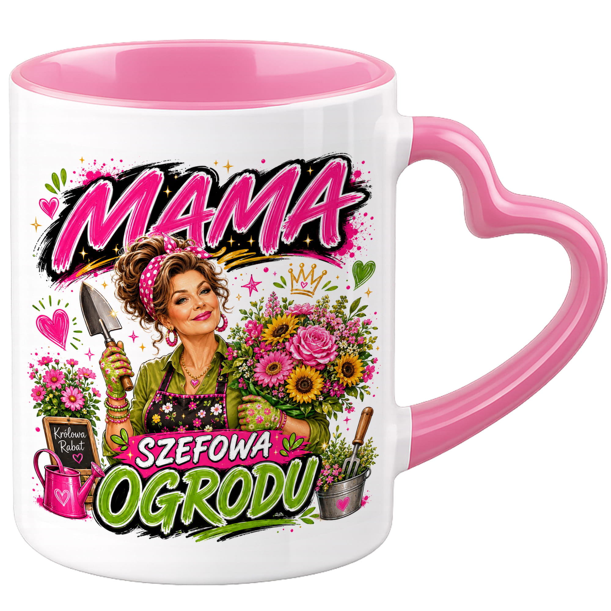 Kubek Mama szefowa ogrodu kubek uchwyt serce kolor serce różowe