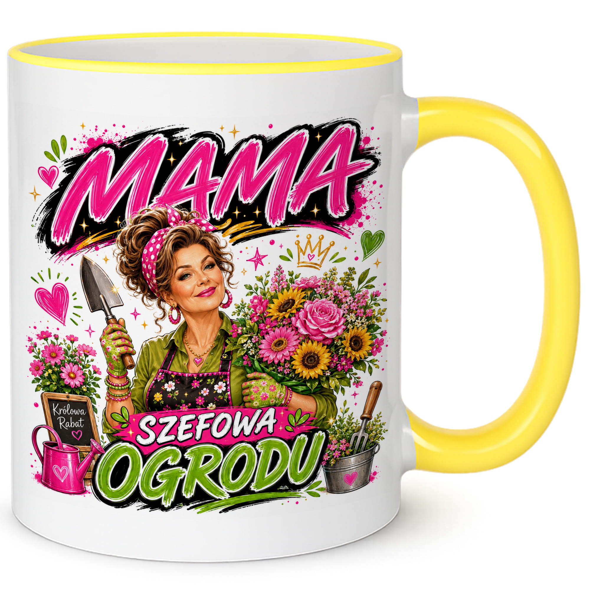 Kubek Mama szefowa ogrodu kubek żółty uchwyt i rant kolor żółty