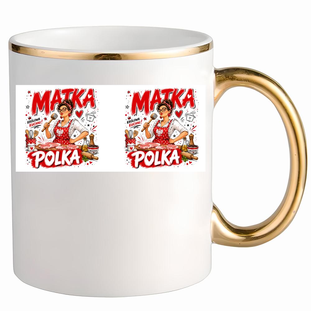 Kubek Matka Polka kubek ze złotym uchem i rantem kolor biały