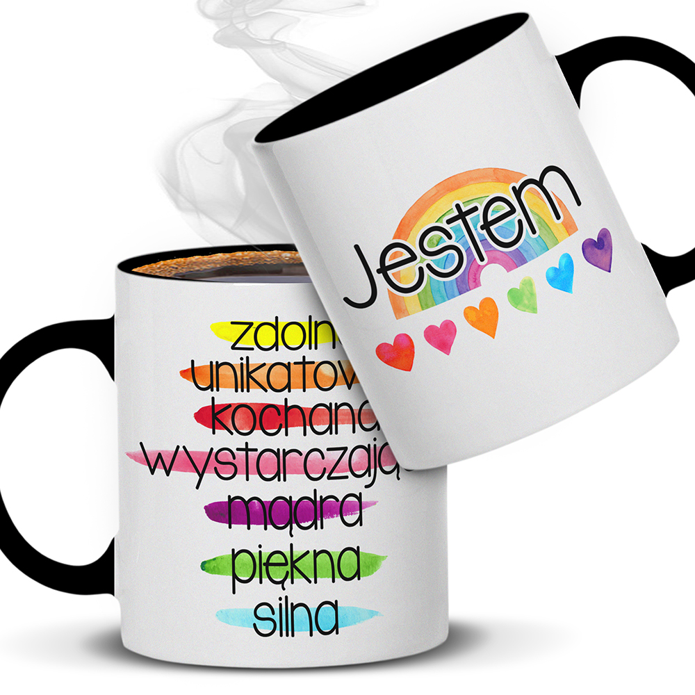 KUBEK POZYTYWNOŚCI – JESTEM kubek ucho kolor kolor czarnyy