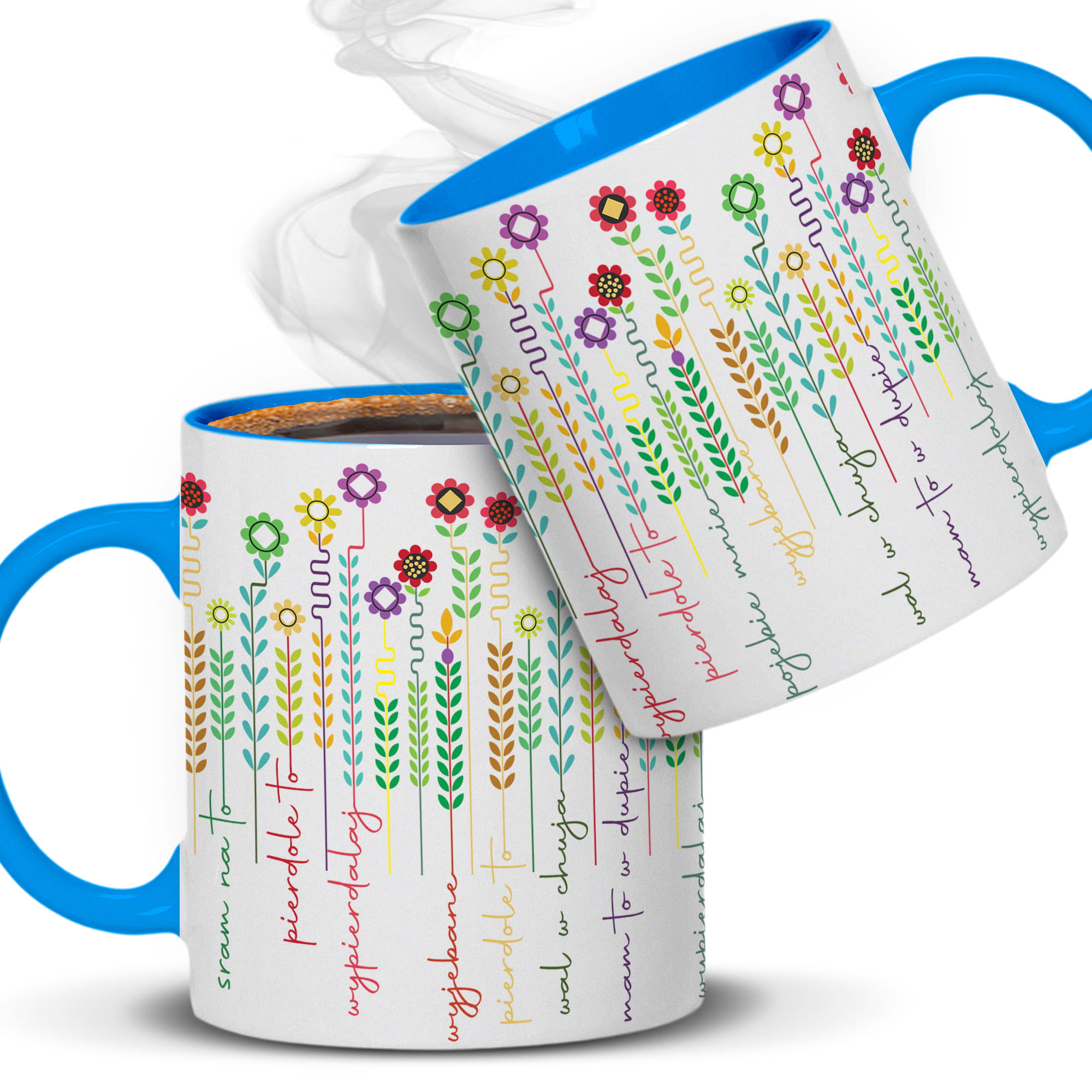 Kubek z kwiatowym wzorem i ukrytym przekazem kubek ucho kolor kolor jasnoniebieski