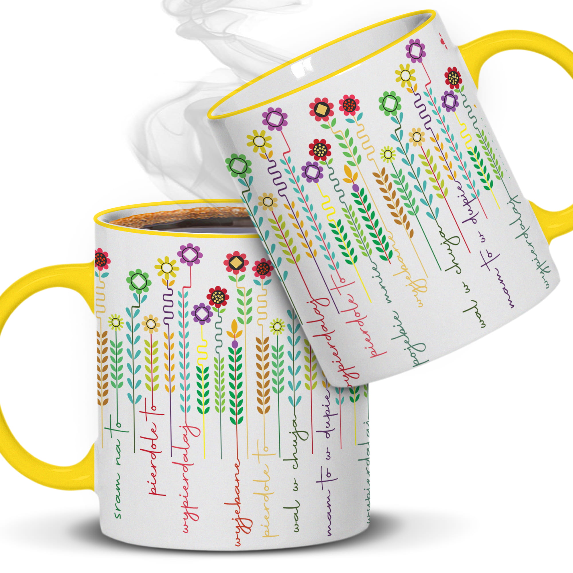 Kubek z kwiatowym wzorem i ukrytym przekazem kubek żółty uchwyt i rant kolor żółty