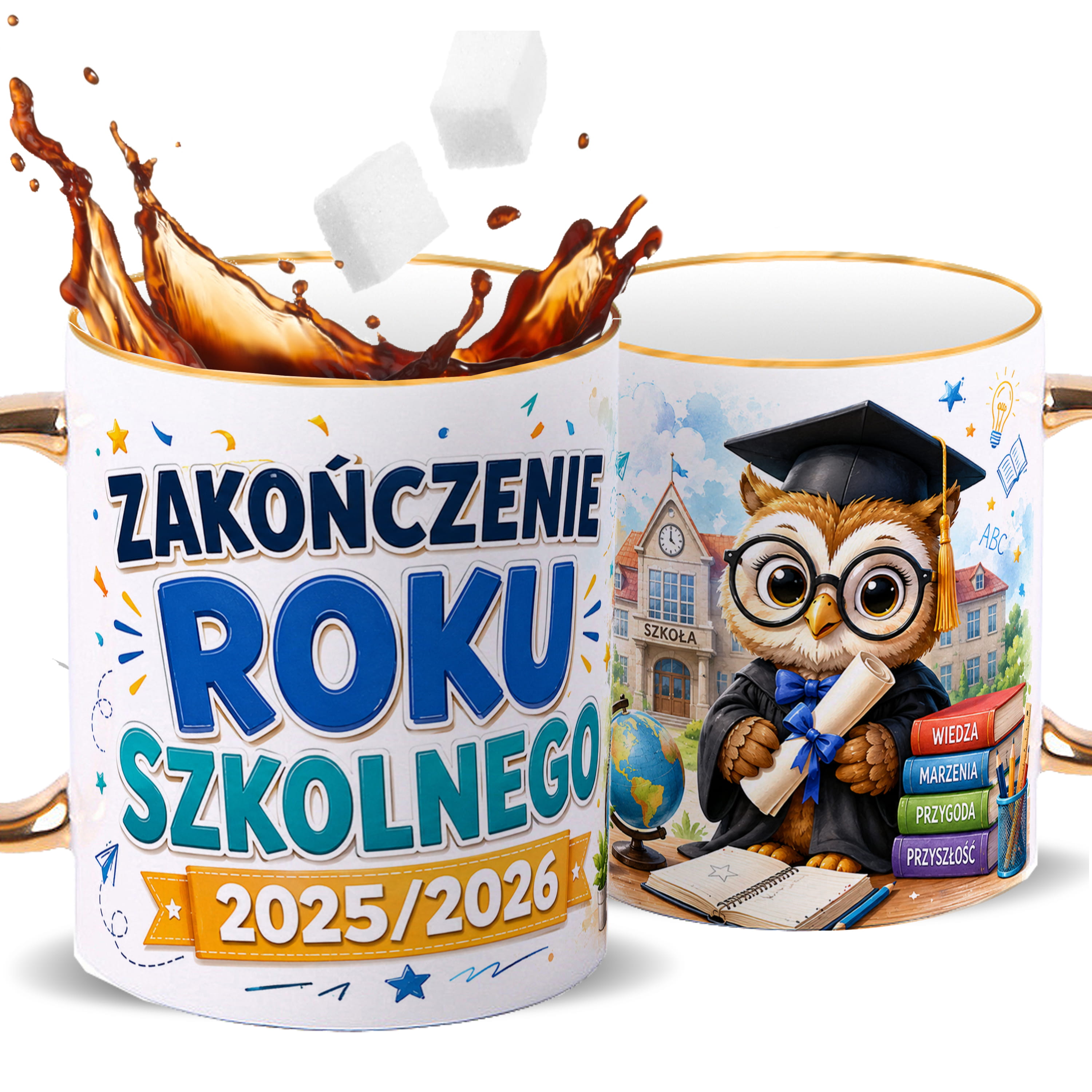 Kubek Zakończenie Roku Szkolnego kubek ze złotym uchem i rantem kolor złoty