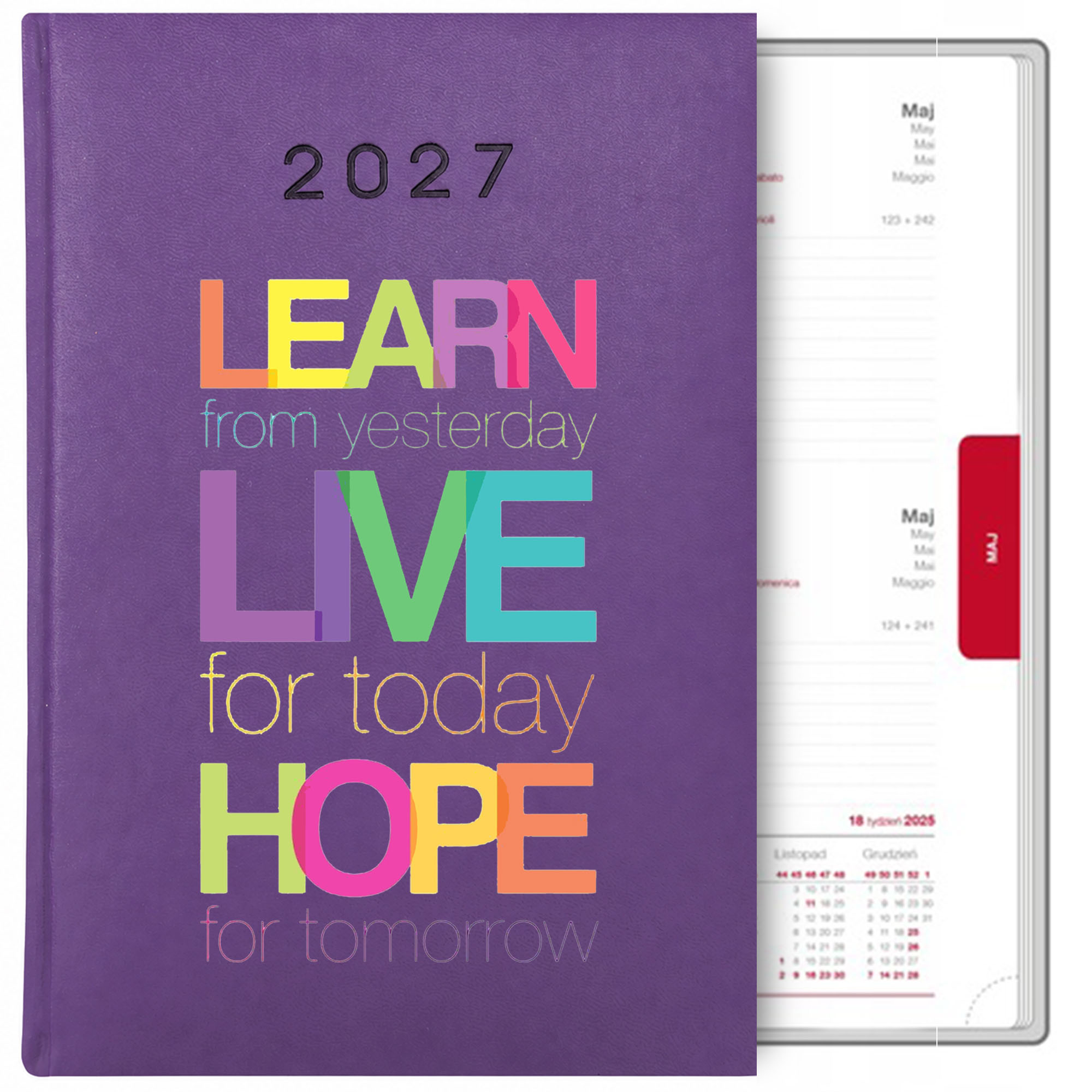 Learn from yesterday, live for today kalendarz książkowy a5 2027 kolor fioletowy