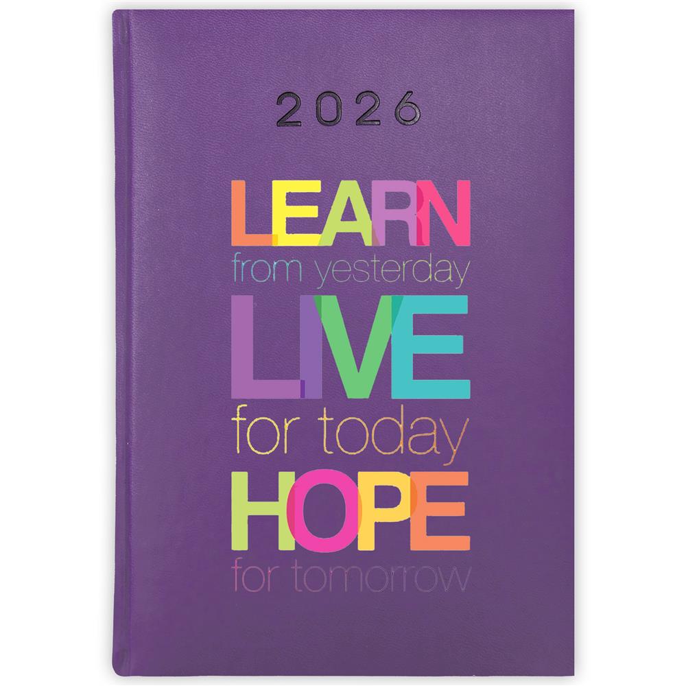 Learn from yesterday, live for today kalendarz książkowy a5 2026 kolor fioletowy