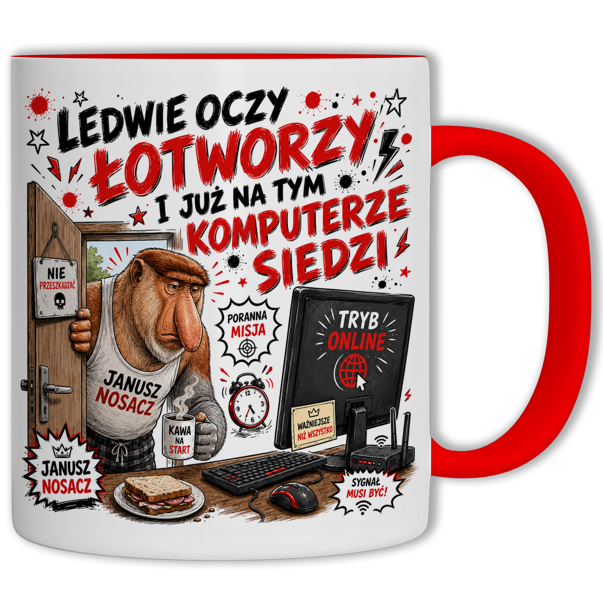 Ledwie oczy łotworzy i już na tym komputerze kubek ucho kolor kolor czerwony