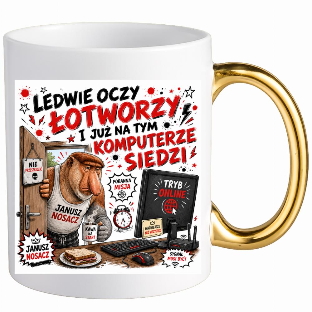 Ledwie oczy łotworzy i już na tym komputerze kubek ucho złote kolor jasnofioletowy