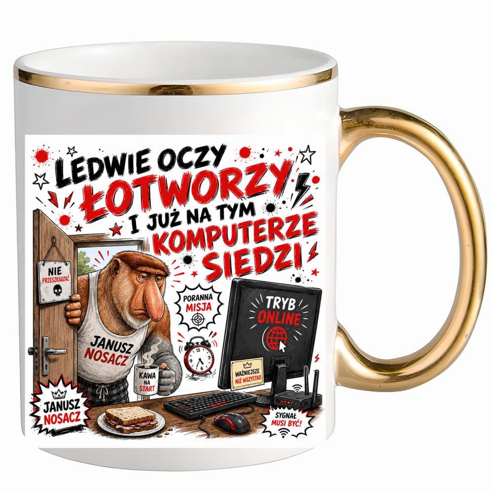 Ledwie oczy łotworzy i już na tym komputerze kubek ze złotym uchem i rantem kolor jasnoniebieski