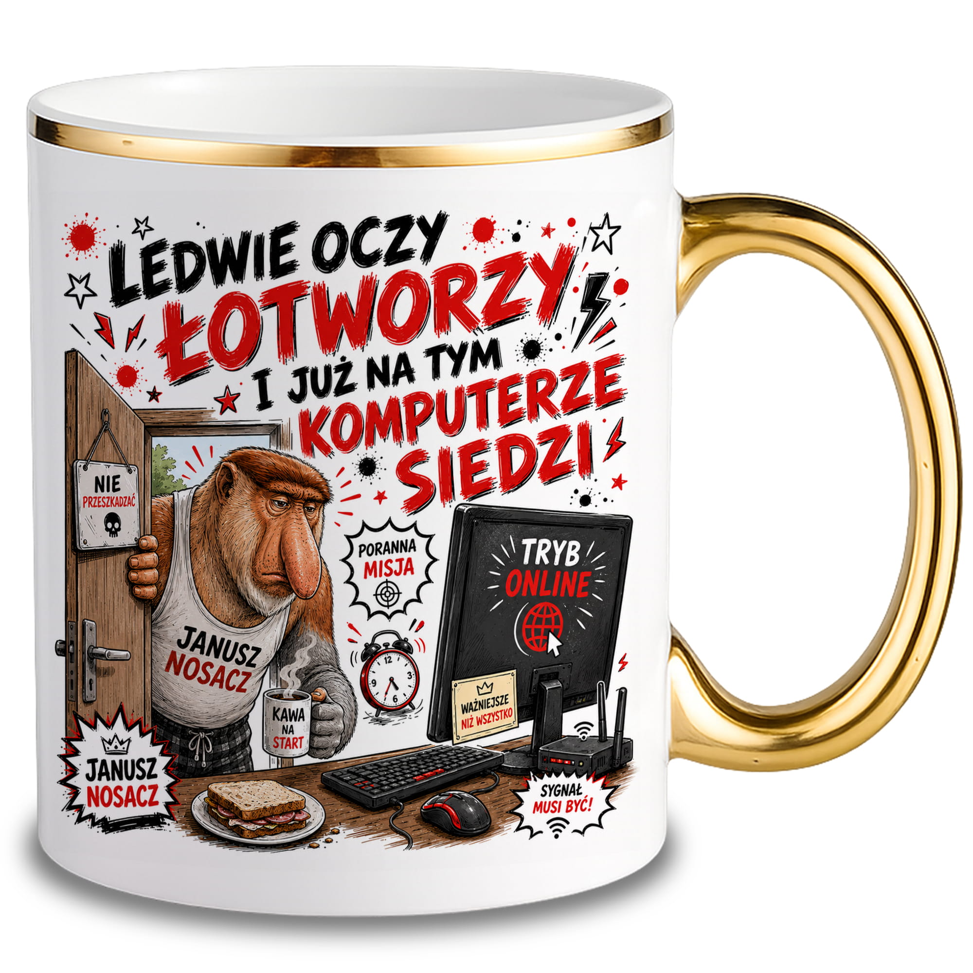 Ledwie oczy łotworzy i już na tym komputerze kubek ze złotym uchem i rantem kolor złoty