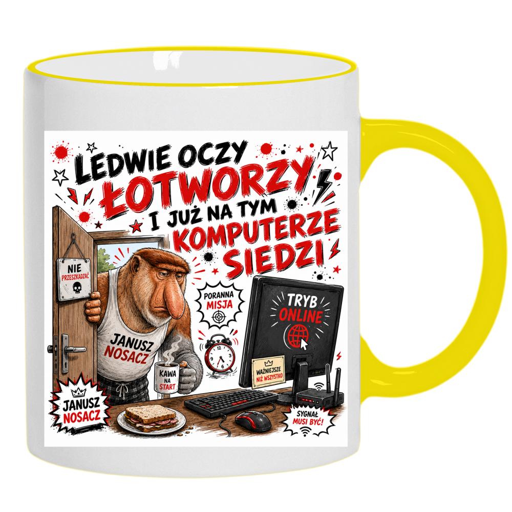 Ledwie oczy łotworzy i już na tym komputerze kubek żółty uchwyt i rant kolor zielony