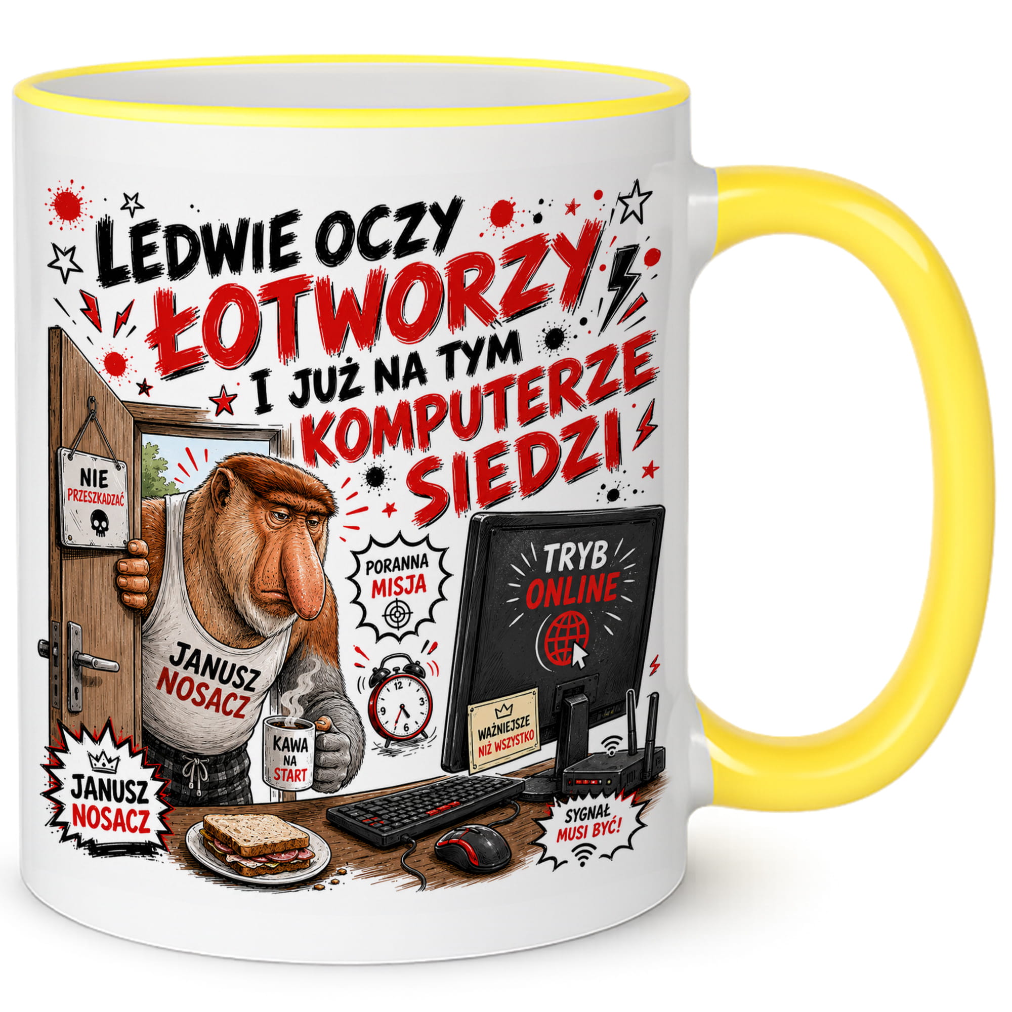Ledwie oczy łotworzy i już na tym komputerze kubek żółty uchwyt i rant kolor żółty