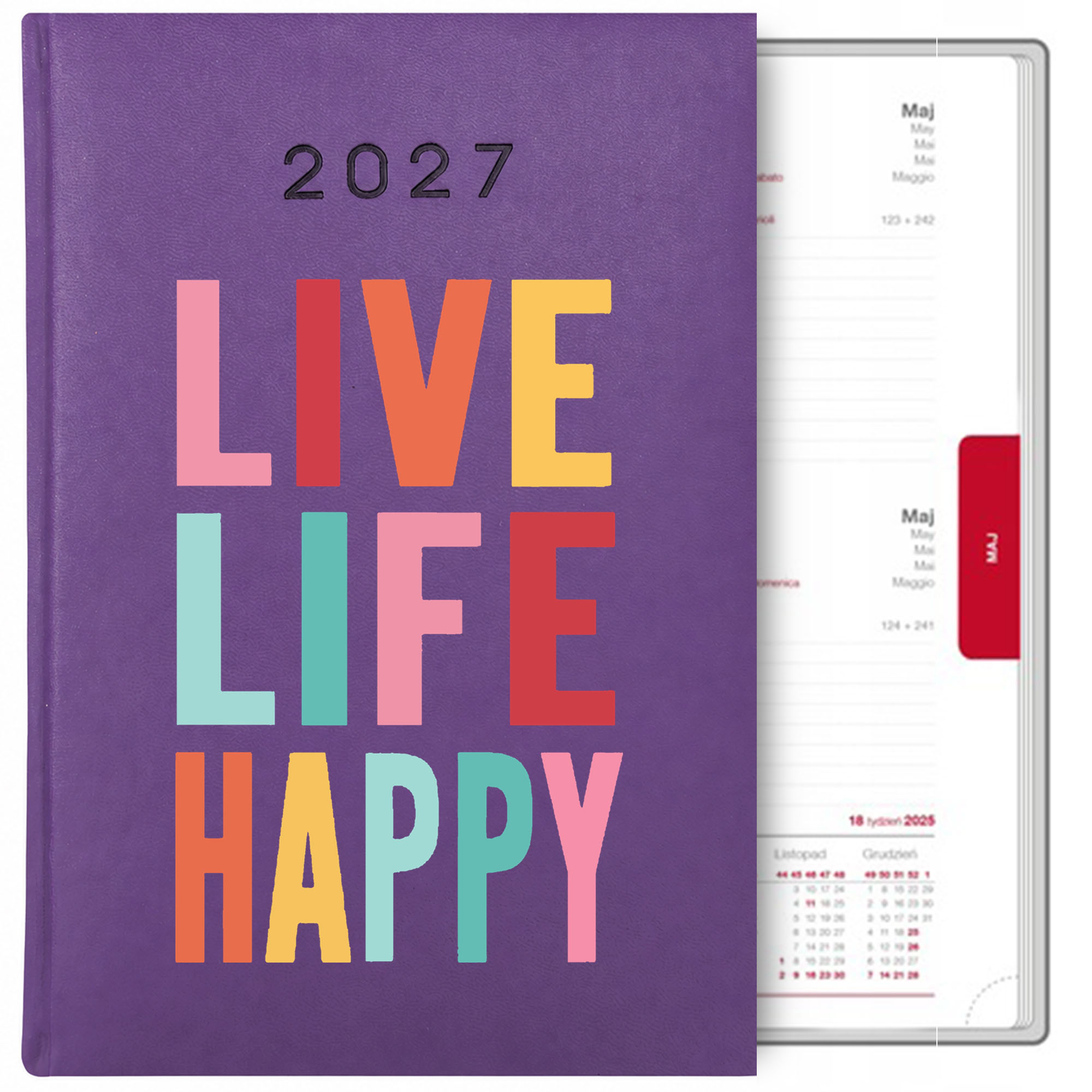 Live life happy kalendarz książkowy a5 2027 kolor fioletowy