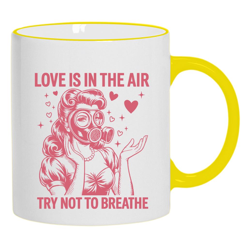 Love is in the air – try not to breathe kubek żółty uchwyt i rant kolor zielony