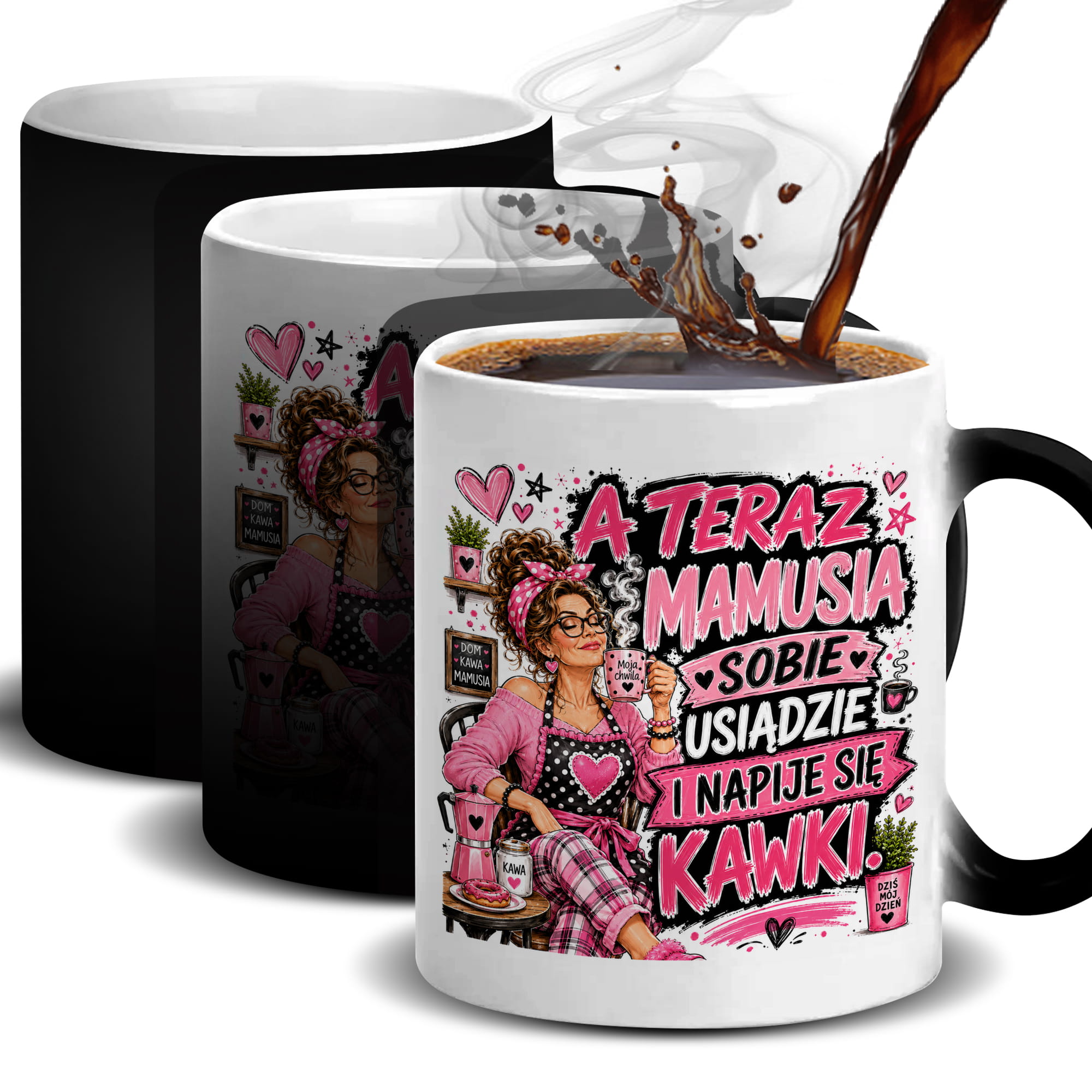 Mamusia sobie usiądzie i napije się kawki kubek magiczny kolor czarny