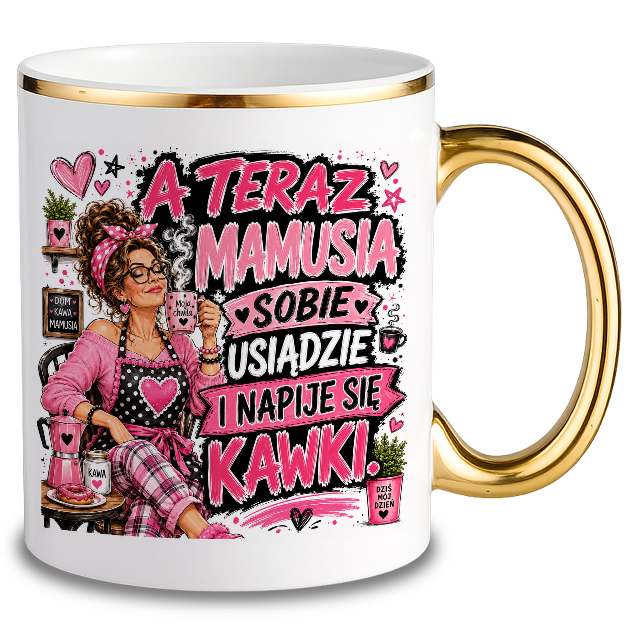 Mamusia sobie usiądzie i napije się kawki kubek ze złotym uchem i rantem kolor złoty