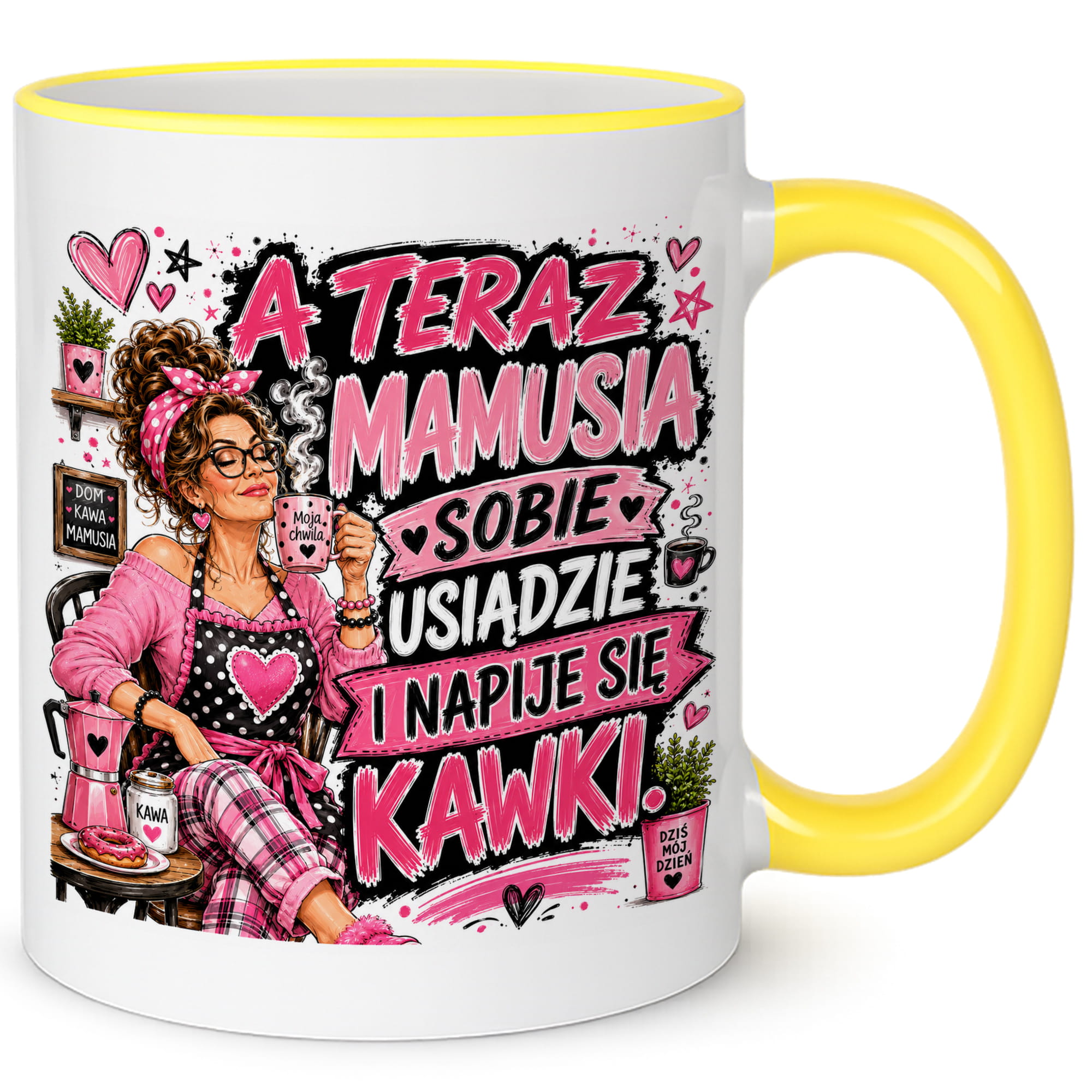 Mamusia sobie usiądzie i napije się kawki kubek żółty uchwyt i rant kolor żółty