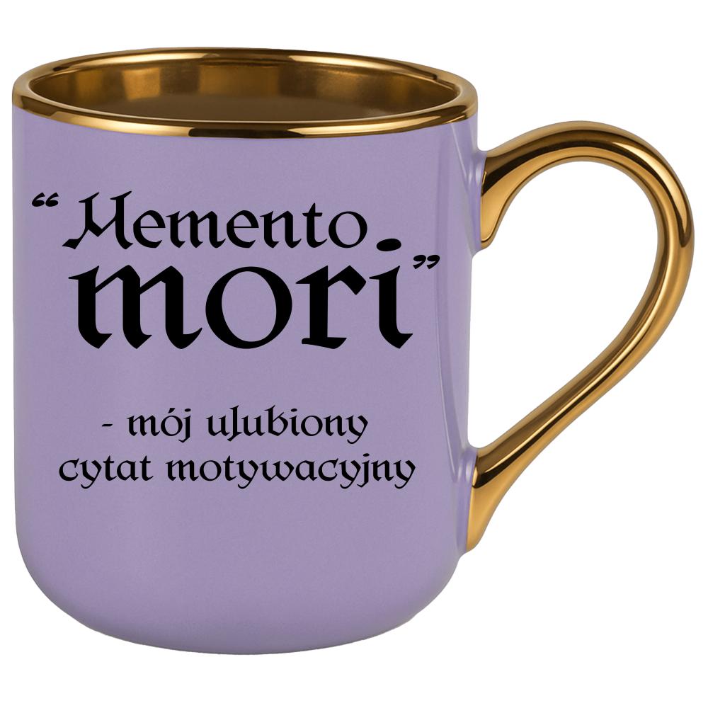 Memento Mori - mój ulubiony cytat kubek elegant fioletowy kolor różowawo-szary