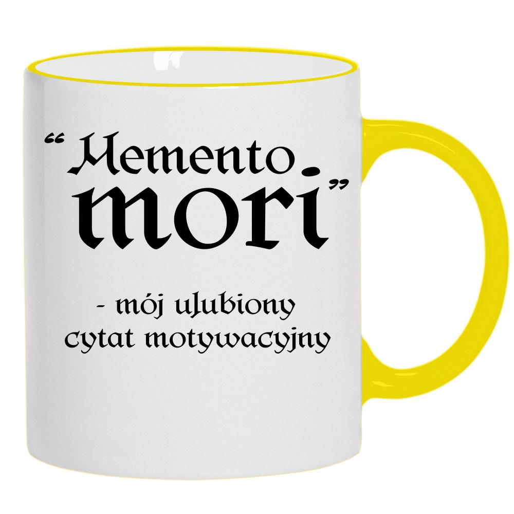 Memento Mori - mój ulubiony cytat kubek żółty uchwyt i rant kolor zielony 2