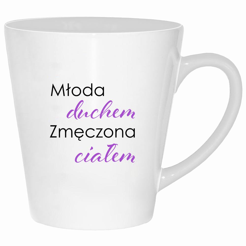 Młoda duchem, zmęczona ciałem kubek latte kolor biały