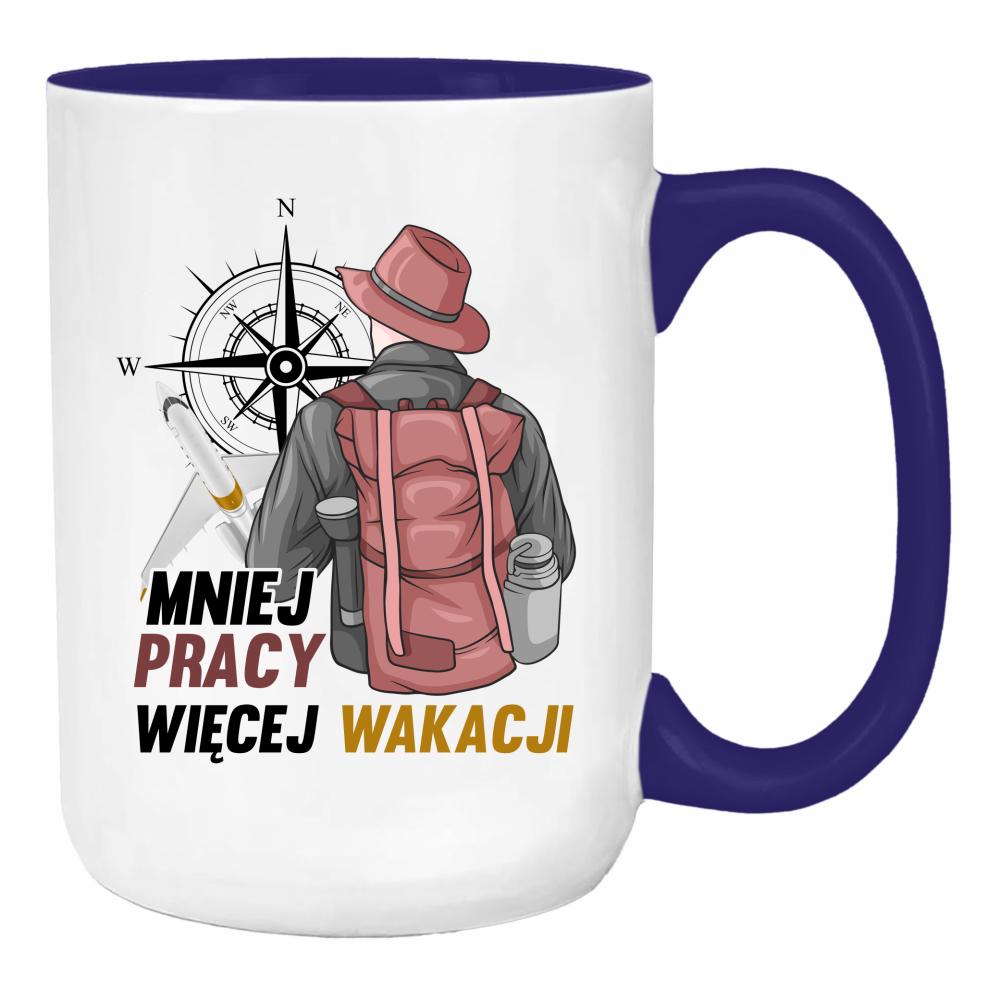 Mniej pracy, więcej wakacjii duży kubek ucho kolor kolor navy