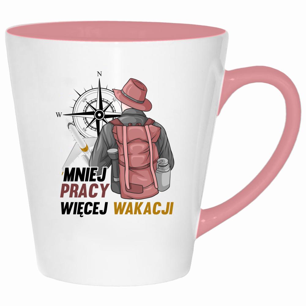 Mniej pracy, więcej wakacjii kubek latte kolor pink