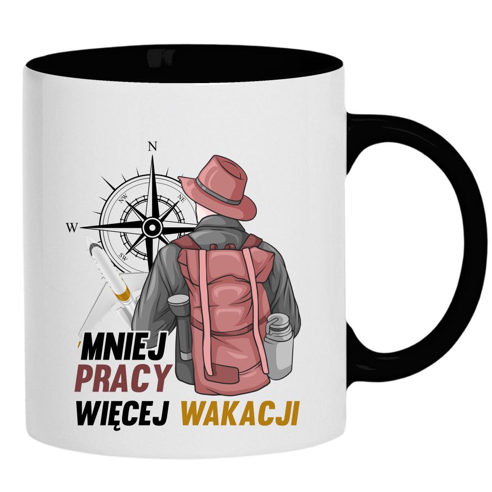 Mniej pracy, więcej wakacjii kubek ucho kolor kolor czarnyy
