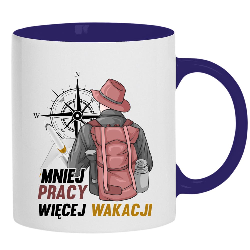 Mniej pracy, więcej wakacjii kubek ucho kolor kolor navy