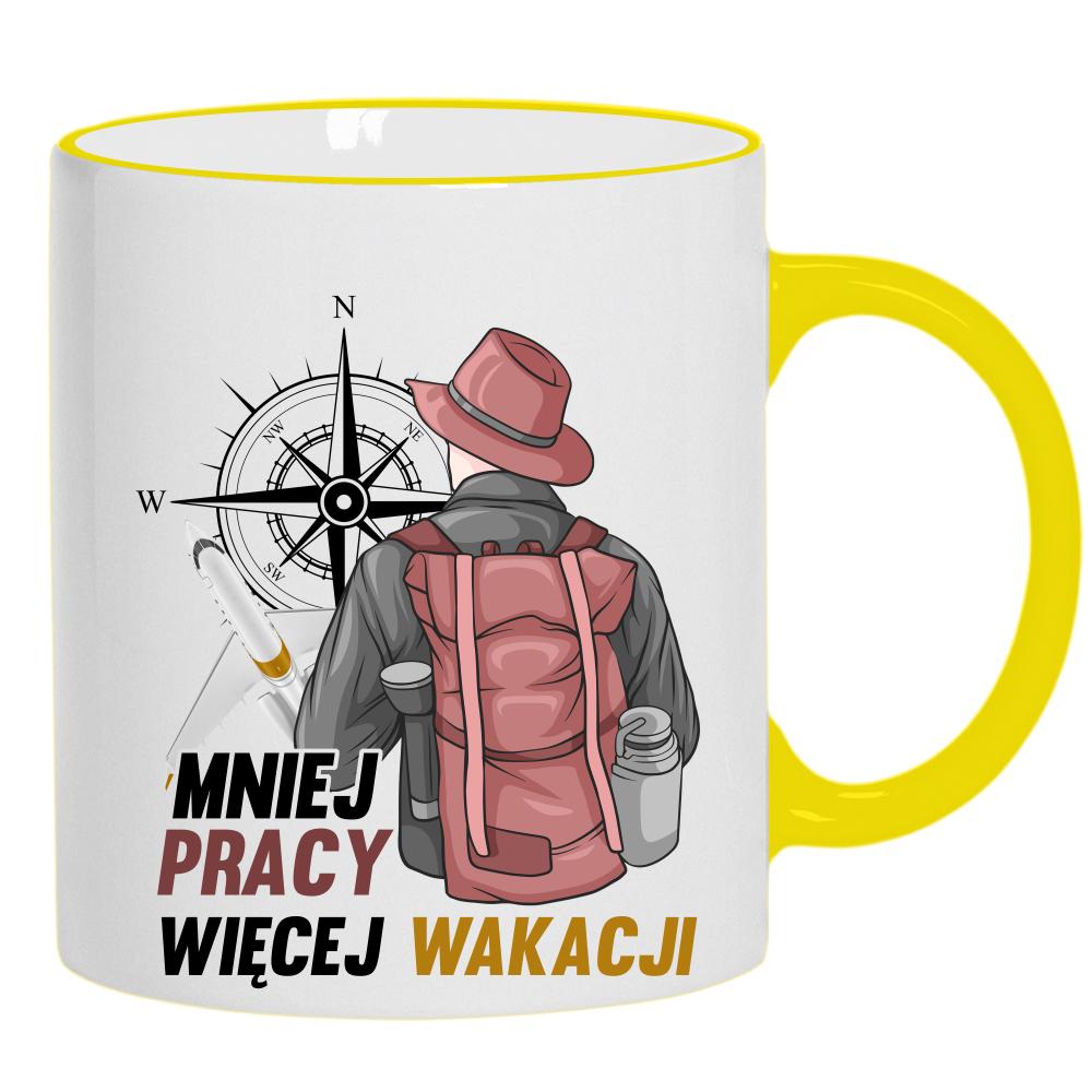 Mniej pracy, więcej wakacjii kubek żółty uchwyt i rant kolor pink
